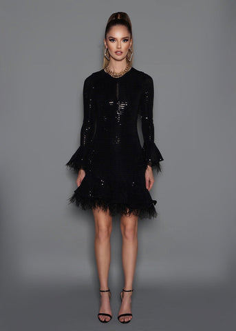 Short Sequin Dress with Long Sleeves and Round Neck in Black