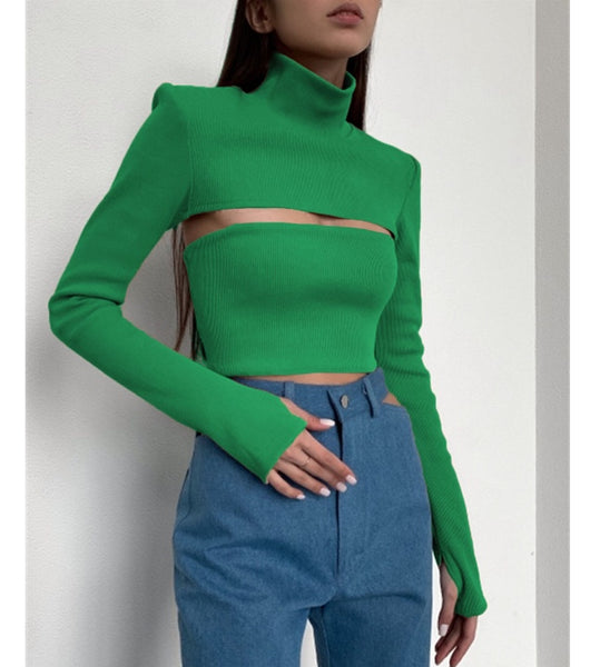Cropped Blouse with High Neck and Long Sleeves with Cutout