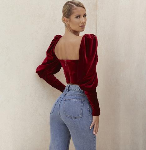 Cropped Long Puff Sleeve and Deep Neckline
