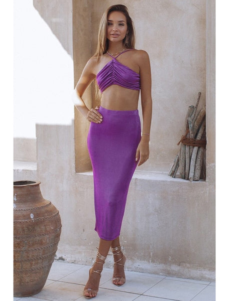 Conjunto Top Curto Franzido e Saia Midi Justa