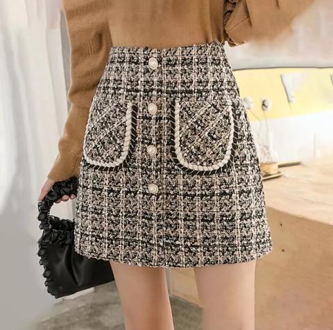 High Waist Plaid Wool Short Skirt