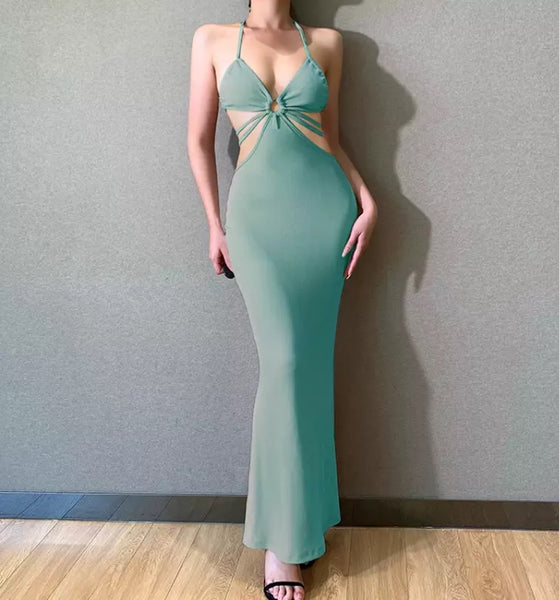 Vestido Longo Justo Alcinha Decote V Recorte na Cintura Costas Abertas