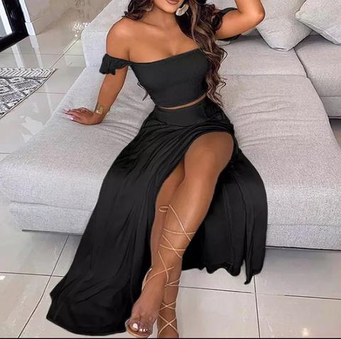 Long Skirt Set with Slit and Off-the-Shoulder Crop Top