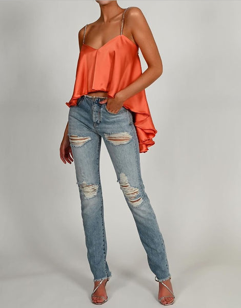 Blusa de Cetim com Decote V Alças de Cristais e Calda