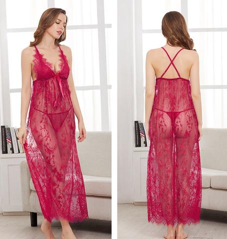 Long Strappy Nightgown with Lace and Tulle
