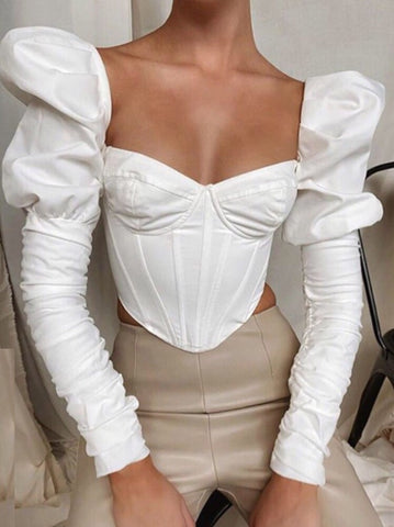 Blusa Corset com Manga Longa Bufante Decote Reto