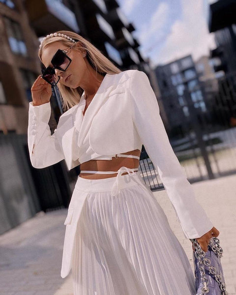 Cropped Blazer and Short Pleated Skirt Set 