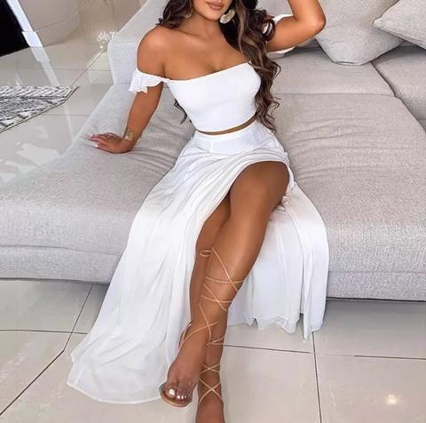Long Skirt Set with Slit and Off-the-Shoulder Crop Top
