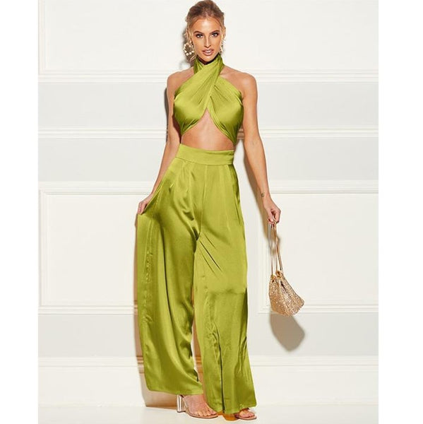 Conjunto de Cetim Top Curto e Calça Pantalona Cintura Alta