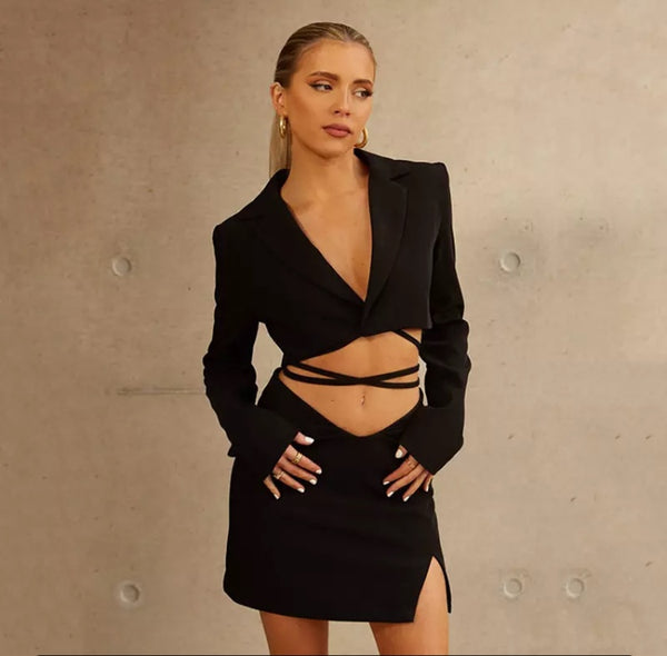 Short Skirt Set with Tie and Cropped Long Sleeve V-Neckline