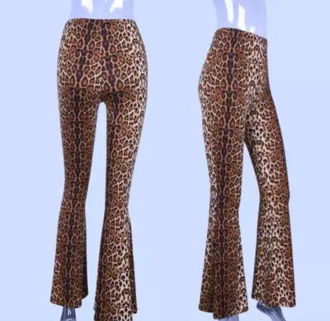 Calça Flare De Malha Leopardo Cintura Alta