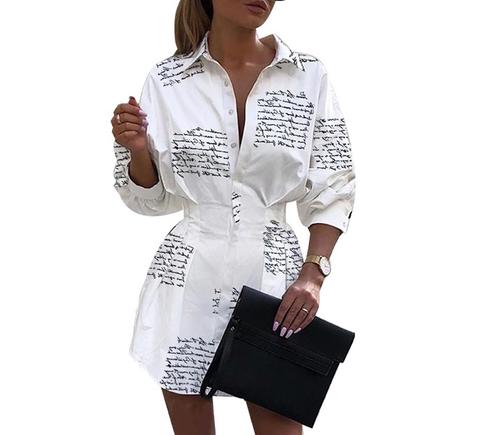 Vestido Curto Solto Impresso com Botões Manga Longa