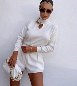 Long Sleeve Knit Blouse with High Neck and Chain
