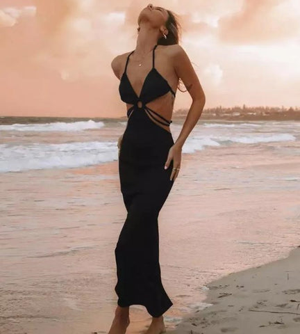 Vestido Longo Justo Alcinha Decote V Recorte na Cintura Costas Abertas