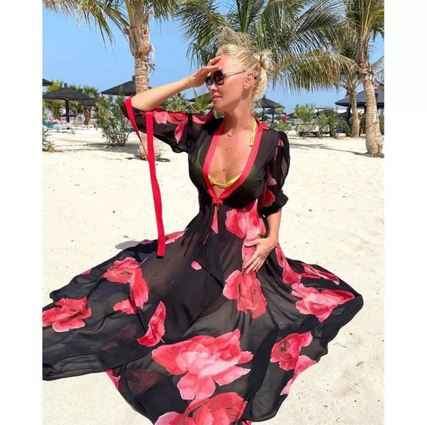 Saída de Praia Longa Manga Longa Preta Floral