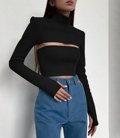 Cropped Blouse with High Neck and Long Sleeves with Cutout