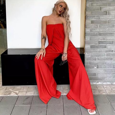 Loose Strapless Wide Leg Jumpsuit with Pockets