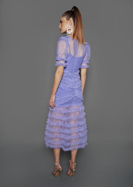 Vestido Longo com Manga Curta Rendado e Tule Lilás