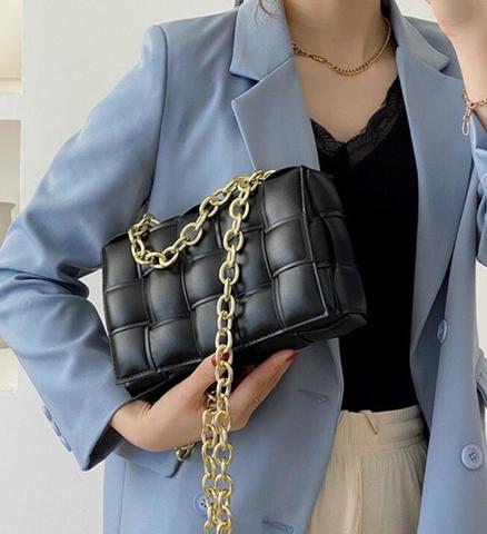 Leather Shoulder Bag with Thick Metal Strap