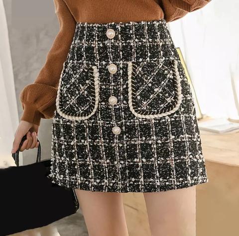 High Waist Plaid Wool Short Skirt