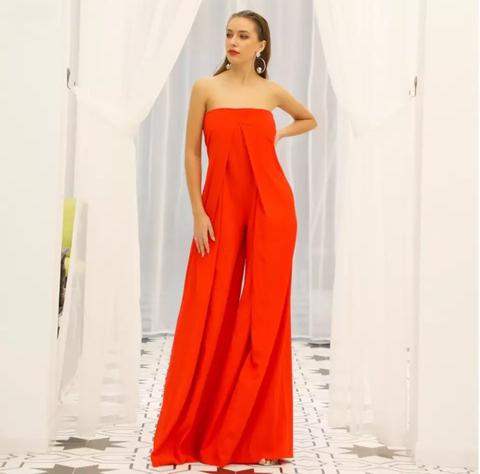 Loose Strapless Wide Leg Jumpsuit with Pockets
