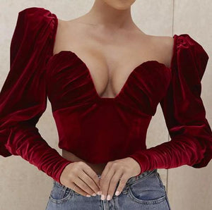 Cropped Long Puff Sleeve and Deep Neckline