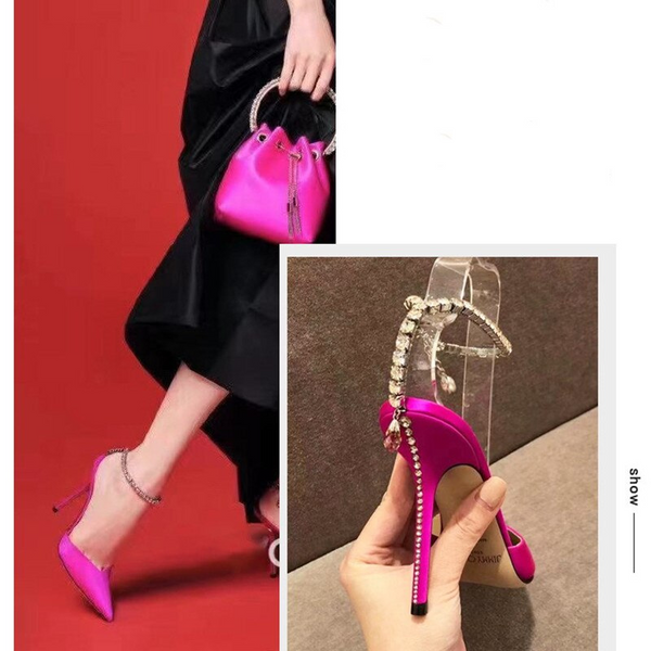 High Heel Pumps with Crystal Chain and V-Neckline