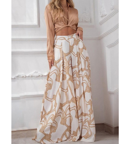 Conjunto Calça Pantalona Estampada e Cropped Manga Longa Decote V