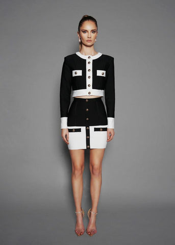 Color Block Short Skirt and Long Sleeve Short Coat Set