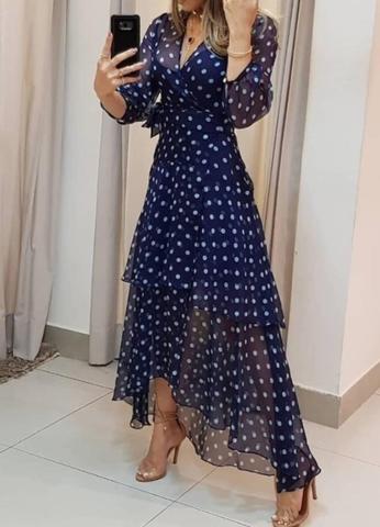 Vestido Longo Poá Decote V Manga Longa