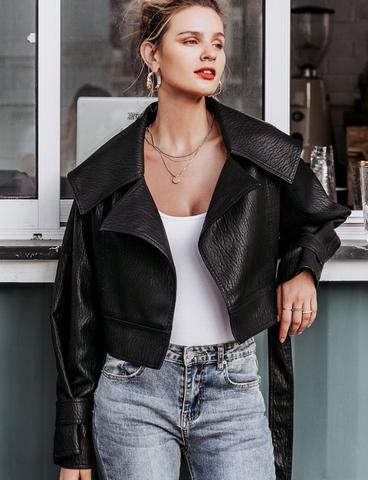 Cropped Lapel Leather Jacket 