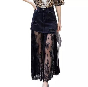 Long Lace Jeans Skirt