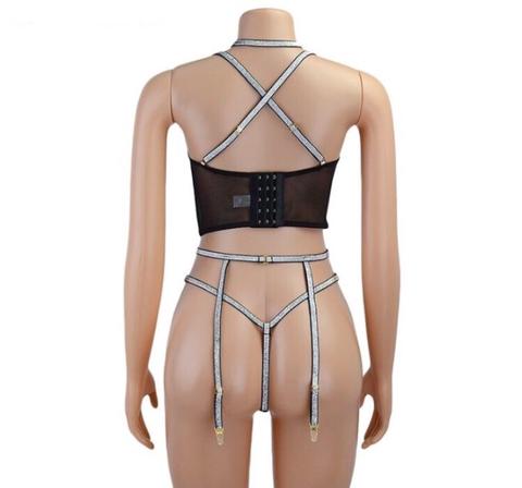 Conjunto 3 peças Lingerie Erótica Calcinha Sutiã e Liga