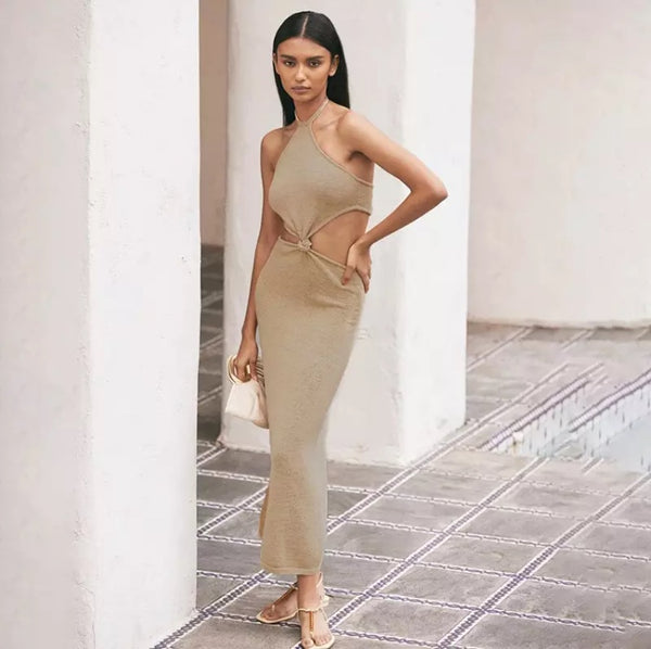 Vestido Longo Justo sem Mangas Recorte na Cintura