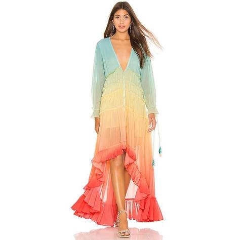 Long Chiffon Dress Long Sleeve V Neck Rainbow
