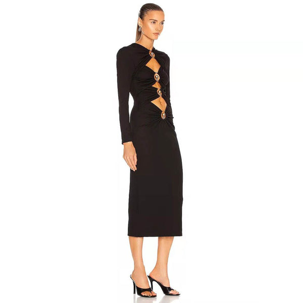 Vestido Midi Justo com Perola e Recorte na Cintura