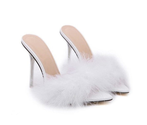 Transparent High Thin Heel Clog with Fur