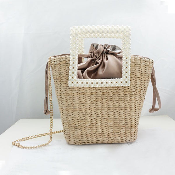 Small Straw Bag with Pearl Decoration