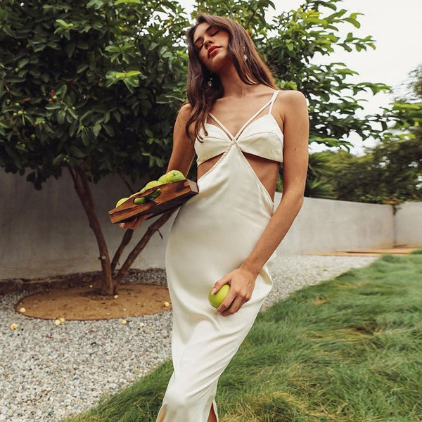 White Long Dress with Straps, V-Neckline and Cut-Out Waist
