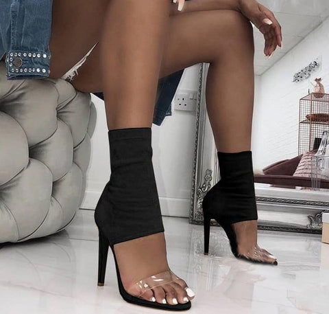 Sandals with Elastic Heel, Thin High Heel, Transparent Strap
