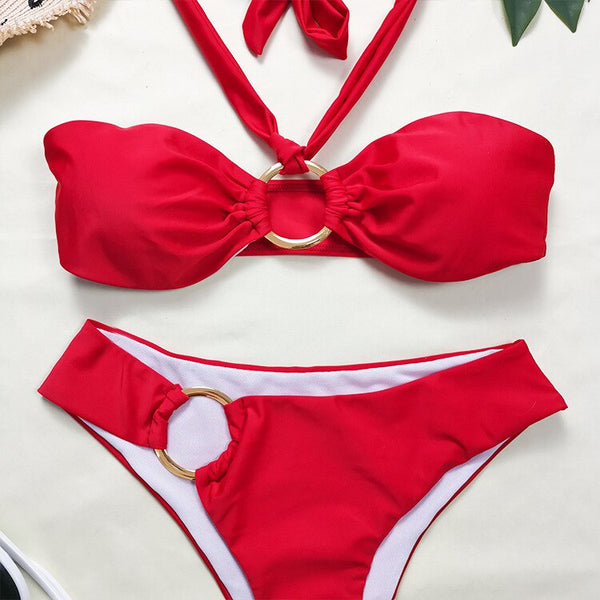 Conjunto de Biquíni Vermelho Cintura Alta