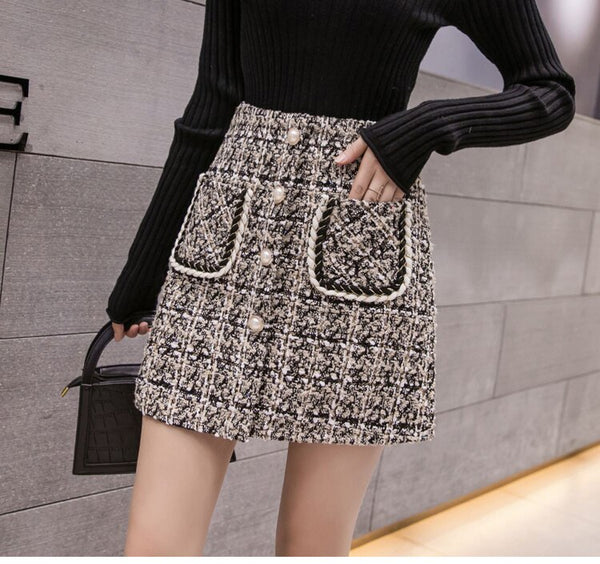 High Waist Plaid Wool Short Skirt