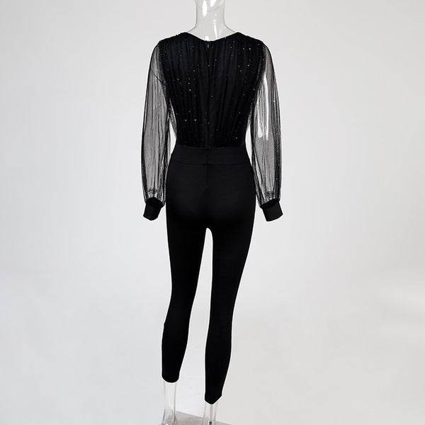 V-Neck Long Sleeve Glitter Skinny Jumpsuit 