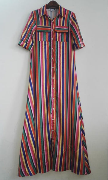Vestido Longo Listrado Manga Curta