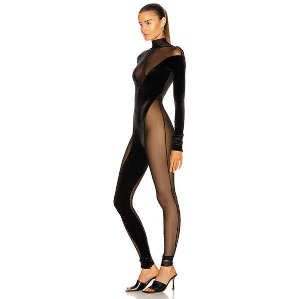 Black Jumpsuit in Tight Tulle with Velvet and Transparency on the Sides