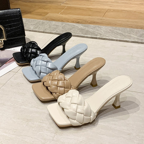 Braided Leather Clogs with Thin Low Heel