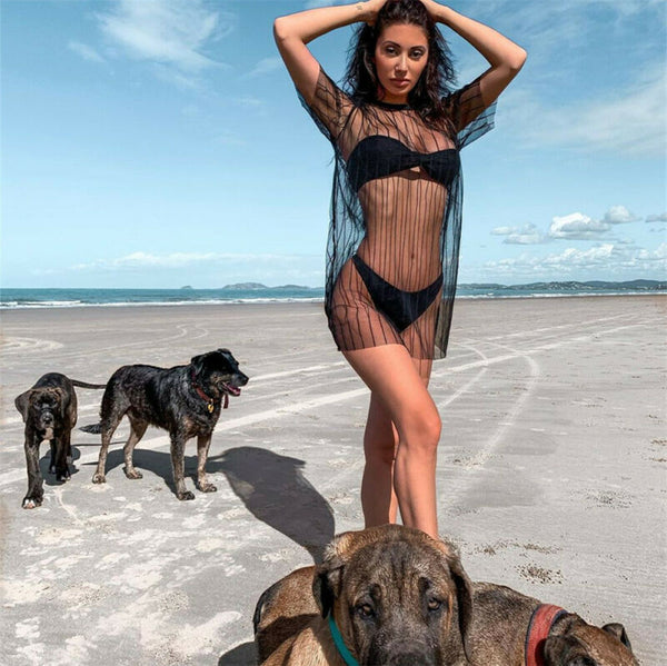 Camisa Alongada em Tule Mangas Curtas Praia