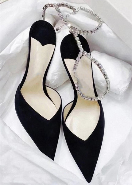 High Heel Pumps with Crystal Chain and V-Neckline