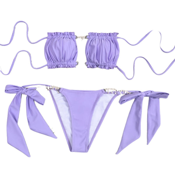 Conjunto de Biquíni Tomara que Caia com Bojo e Cristais Lilás