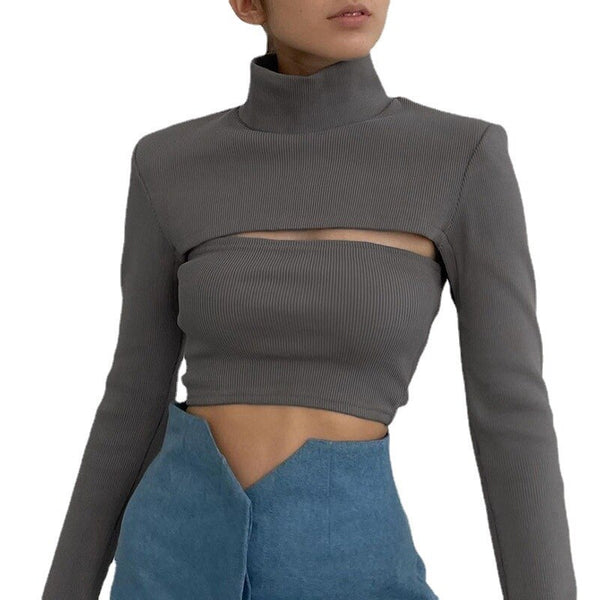 Cropped Blouse with High Neck and Long Sleeves with Cutout